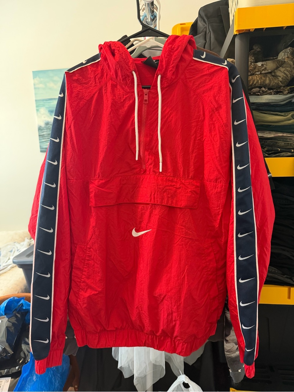 Nike Red Hooded Windbreaker with Navy Swoosh Tape